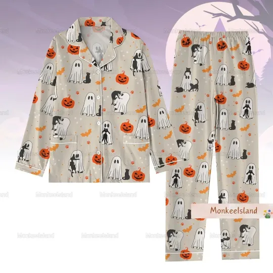 Halloween Pajamas, Halloween Pjs For Women, Cute Ghost Black Cat Pajamas, Fall
