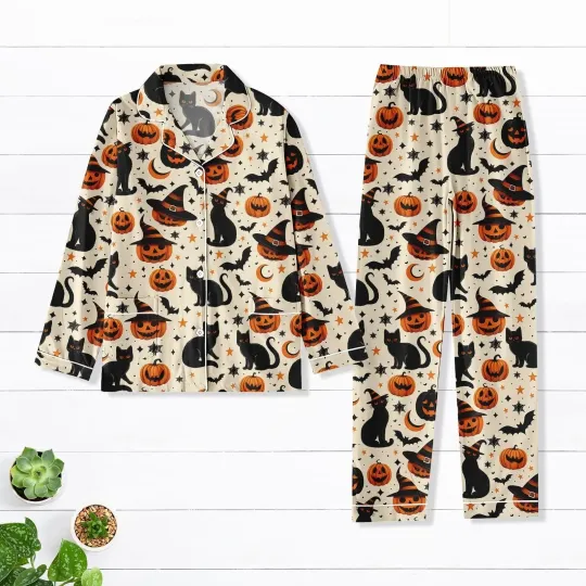 Discover Black Cat Pumpkin Pajamas Set, Halloween Cat PJs, Witch Hat Pumpkin Pajamas