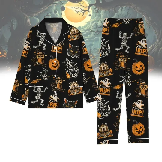 Halloween Witchy Vibes Pajamas Set, Dancing Skeleton Pajamas For Party, Black