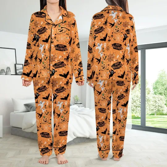 Retro Halloween Satin Pajamas Set, Spooky Season Short Long Sleeve Pajama Set