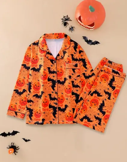 Halloween Trick Or Treat Pumpkin and Skeleton Satin Pajamas Set