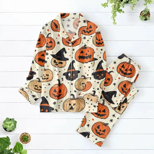 Discover Funny Halloween Pumpkin Pajamas Set, Jack O Lantern Women Pajamas, Witch Hat