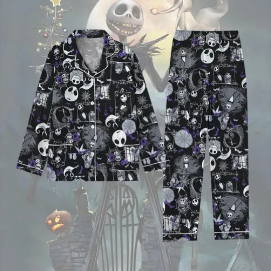Discover Halloween Jack Skellington Pajamas Set, Luxury Silk Pajamas Soft Sleepwear For