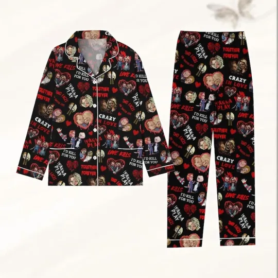 Chucky And Tiffany Crazy In Love Horror Couple Halloween Pajamas Set