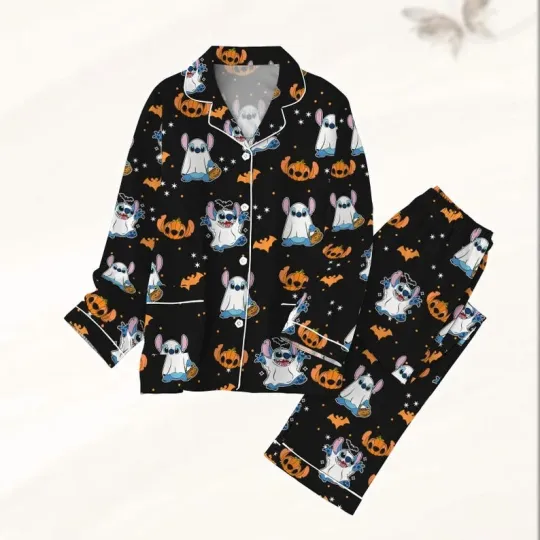 Halloween Stitch Cosplay Ghost Trick Or Treat Pumpkin Spooky Vibes Pajamas Set