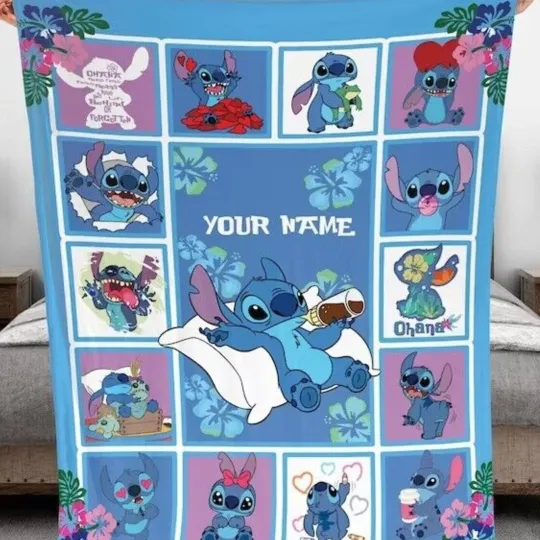 Discover Personalized Stitch Disney Fleece Blanket, Custom Disney Lilo and Stitch Cute Bl
