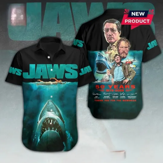 Jaws 50th Anniversary Signatures Hawaiian Shirt , Gift for Shark Lover