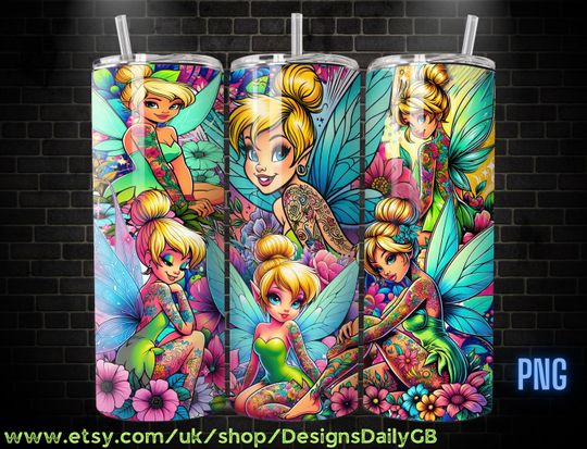 Tinkerbell Tattoo Tumbler, 20oz Skinny Tumbler Design, Straw Lid Sleeve