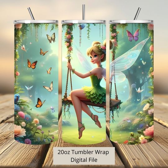 3D Tinkerbell Tumbler for 20oz Skinny Tumbler, Princess & Butterfly Design, Tumbler with Lid and Straw