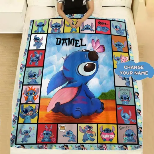 Discover Personalized Disney Stitch Fleece Blanket, Custom Disney Lilo and Stitch Blanket