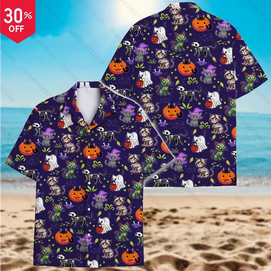 Discover Halloween Cat Hawaii Shirt Men Women, Funny Cat Aloha Shirt, Vacation Gift, Spooky Season Shirt, Cat Lovers, Halloween Gifts, Summerween