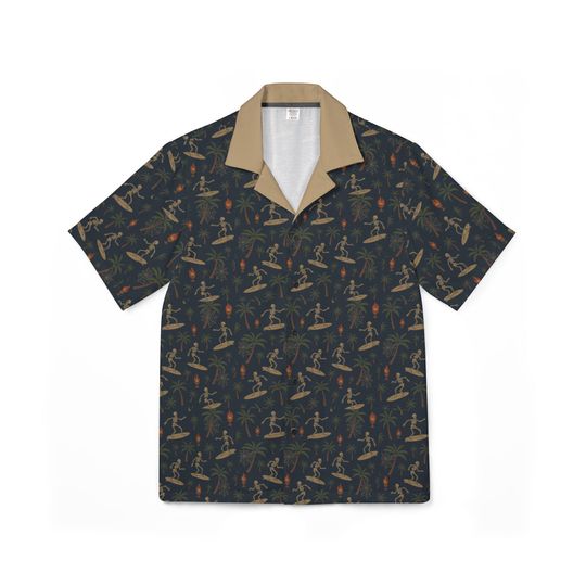 Surfing Skeletons Hawaiian Camp Shirt | Gothic Aloha Button Up, Skeleton Beach Luau Surfing Shirt