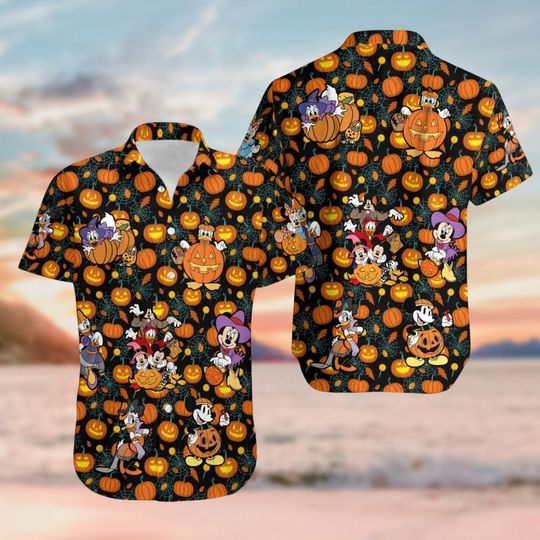 Discover Disney Characters Halloween Button Shirt, Mickey And Friends Pumpkin Hawaiian Shirt, Spooky Season Shirt, Movie Cartoon Halloween Gift