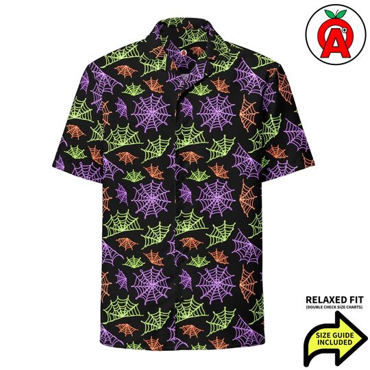 Spider Web Pattern Halloween Vibes Adult Unisex All-Over Relaxed Fit Button Up Shirt, Hawaiian Shirt, Button Down, Polyester, Dress Shirt Up