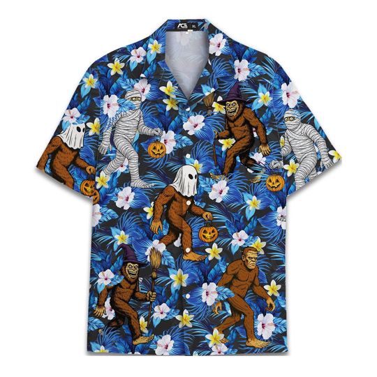 Bigfoot Hawaiian Halloween Shirt for Men Sasquatch Shirt Mens Halloween Hawaiian Shirt Vintage Button Down Pumpkin Shirt