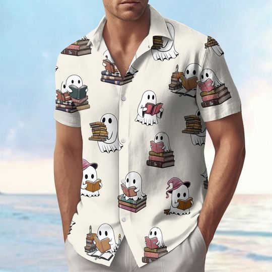 Discover Bookish Ghost Button Shirt, Cute Ghost Reading Hawaiian Shirt, Halloween Reader Shirt, Book Lover Vacation Shirt, Gift For Him