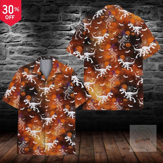 Skeleton Dinosaur Hawaiian Shirt for Men Women , Halloween Dino Button Down, Halloween Party Shirt, Spooky Season, Dinosaur Lovers Shirt