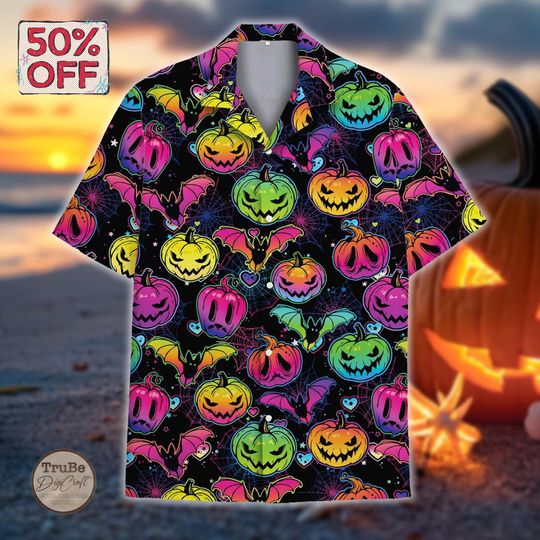 Discover Halloween Pumpkin Hawaii Shirt for Halloween Party, Neon Pumpkin Aloha Shirt, Summer Halloween Outfit, Halloween Pattern, Halloween Gifts