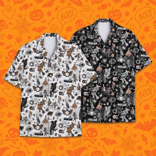 Discover Mens Halloween Hawaiian Shirt Vintage Button Down Happy Halloween Shirt for Men Spider Witch Skull Shirt 2
