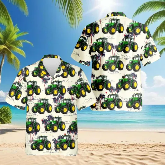 Discover John Dee Construction Hawaiian Shirt, Tractor Excavator Aloha Shirt for Men, Vintage Workwear Floral Camp Shirt