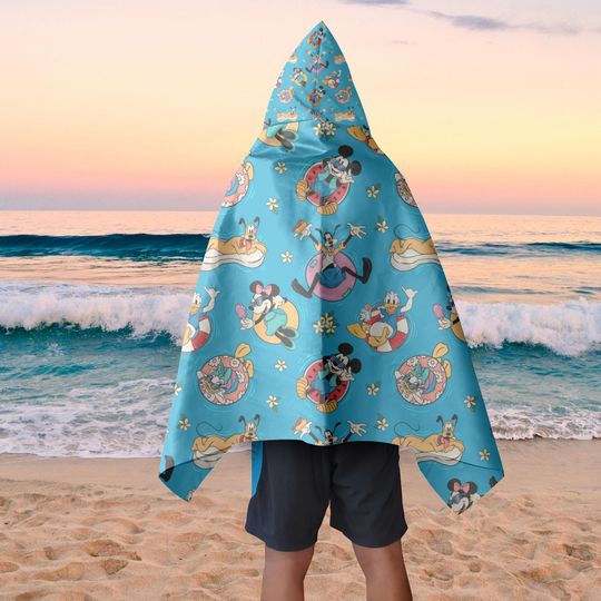 Discover Disney Youth Hooded Towel, Mickey Mouse, Goofy, Donald Duck, Pool Floaties, Kids Bath Towel