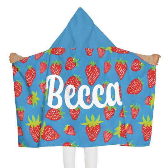 Kids Personalized Hooded Beach Towel Blue Strawberry, Girls Custom Name Pool Party Cape Towel, Gift for Toddler Personalized Checker Towel