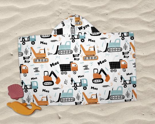 Discover Personalized Kids Hooded Towel: Truck & Dino Pattern, Custom Beach Poncho