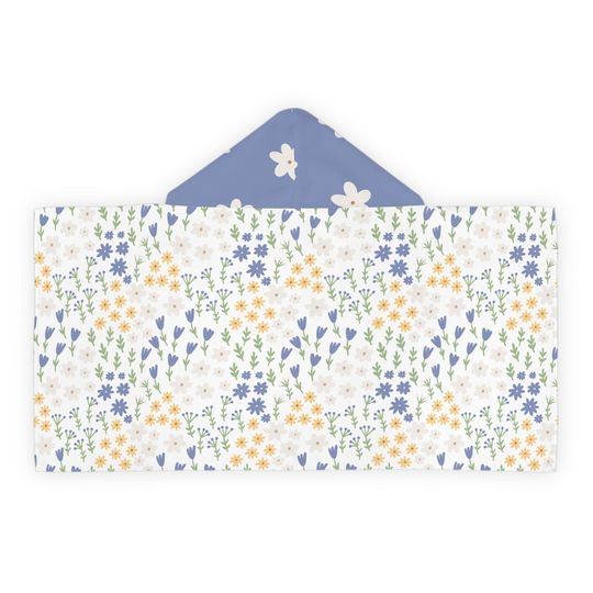 Floral Youth Hooded Towel, Kids Beach Cover-Up, Flower Pattern, Children's Bath Towel, Blue and White Design