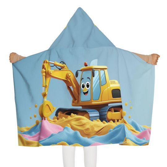 Youth hooded towel Adorable excavator, Personalized Kids Towel, Bath, Perfect for Beach Days, Circus Lover Gift, custom, excavator