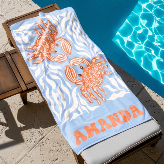 Discover Personalized Crab Beach Towel, Seahorse/Fish/Dolphin Name Towel for Child, Girls Boys Pool Towel, Kids Xmas Gift, Beach Party Essentials