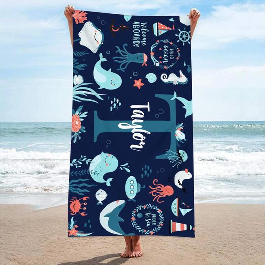Discover Personalized Beach Towel for Kids,Custom Name Pool Towel,Cartoon Ocean Animals Beach Towe,Team Gift,Pool Party,Vacation Gift for Kids