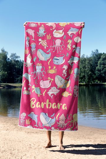 Custom Sea Animals Beach Towel for Kids, Personalized Name Towel, Ocean Creatures Toddler Towel, Cute Summer Pool Towel for Boys & Girls