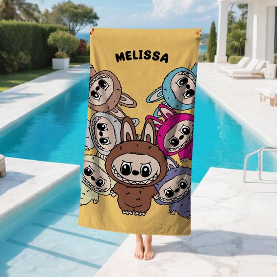 Custom Labubu Pattern Name Beach Towel, Personalized Kids' Beach Towel with Unique Design, Perfect Gift for Kids & Beach Days.