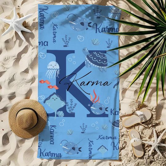 Discover Personalized Name Sea Animals Beach Towel with Initial, Quick Dry Bath Towel, Holiday/Beach/Pool Party Favor, Gift for Sea Lover/Kids/Family