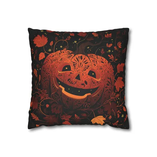 Discover Halloween Jack o Lantern Pumpkin Throw Pillow Cover with Autumn Leaves