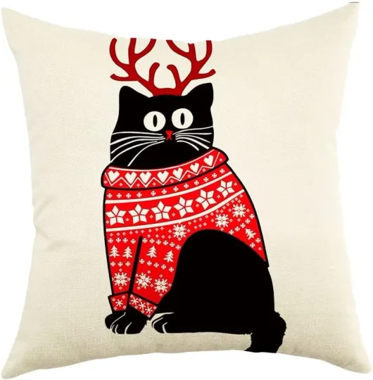 Merry Christmas Cat Throw Pillow Cover 18x18 Winter Holiday Cushion