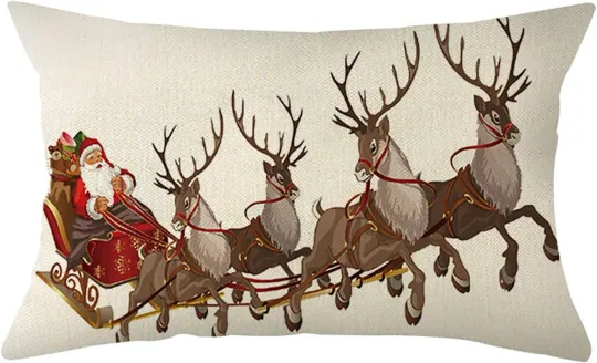 Discover Christmas Santa Reindeer Lumbar Throw Pillow Cover, 12 X 20 Inch Xmas Winter Hol