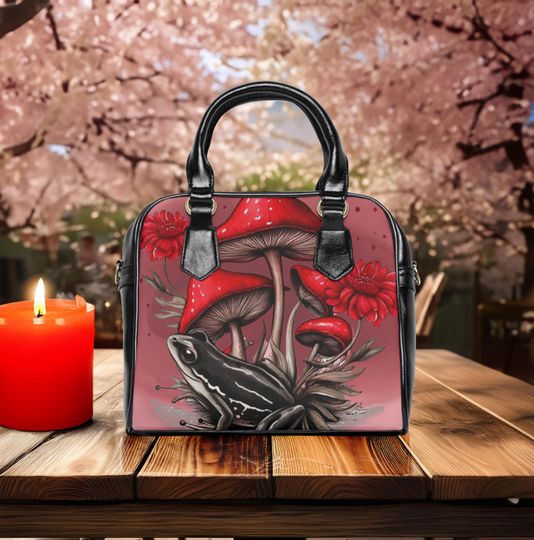 Mushroom Frog Shoulder Bag, Cottagecore Crossbody Purse, Nature Aesthetic Handbag