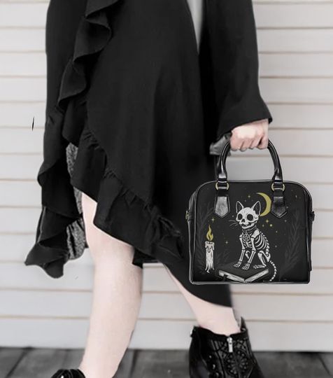 Discover Skeleton Cat Shoulder Handbag, Gothic Cat Purse, Spooky Hand Bag, Halloween Crossbody Bag, Gothic Witchy Purse, Cat Book of Spells Handbag