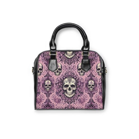 Discover Purple Skull Gothic Handbag, Damask Print Shoulder Bag, Rockabilly Horror Purse, Spooky Cute Goth Accessory