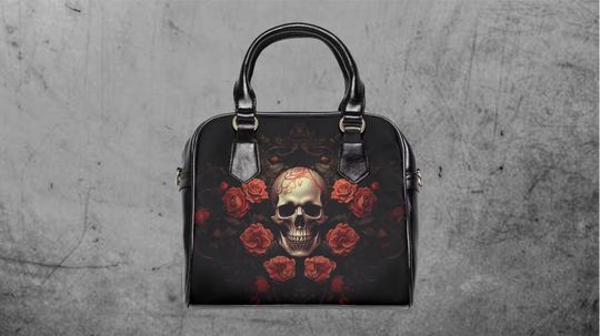 Discover Skulls and Red Roses Handbag Purse, Shoulder Bag, Dark Gothic Red Womens Accessories, Hand Bag, Bowler Bag