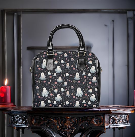 Discover Ghost with Flowers Black Purse, Shoulder Handbag, Crossbody Bag, Gothic Floral Tote, Spooky Purse, Halloween Handbag, Creepy Shoulder Bag