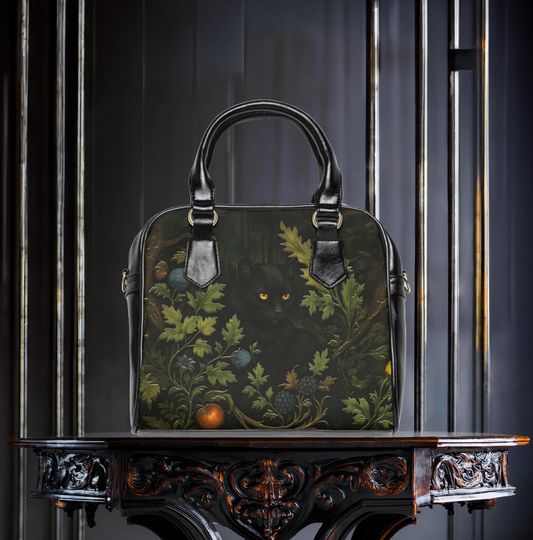 Mystical Black Cat Shoulder Bag, Witchy Gothic Handbag, Dark Forest Familiar Purse, Gift for Cat Lovers & Witches