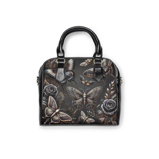 Gothic Moth Shoulder Bag  Dark Botanical Print Purse, Vintage Butterfly Handbag, Black Rose Aesthetic Tote, Occult-Inspired Gift for Her