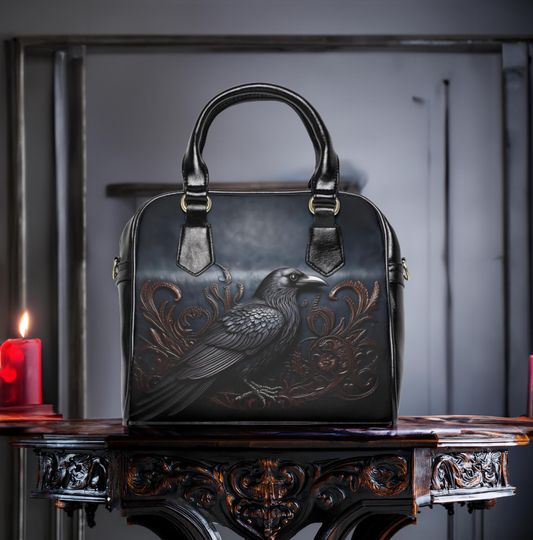 Goth Crow Shoulder Handbag, Raven Print Goth Bag, Gothic Crossbody Purse, Dark Edgar Allan Poe Inspired Handbag, Black Bird Shoulder Bag