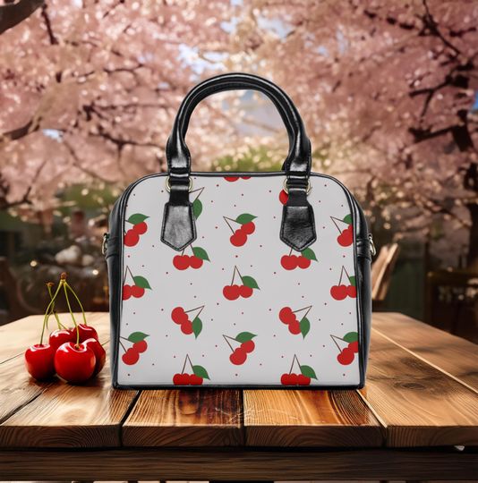 Discover Cherry Print Shoulder Bag, Red Fruit Tote, Women's Crossbody Purse, Floral Messenger Bag