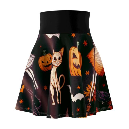 Discover Halloween Cat Skater Skirt, AOP Women's Skirt, Festive Fall Fashion, Cute Halloween Outfit, Halloween Party Wear, Halloween Costume