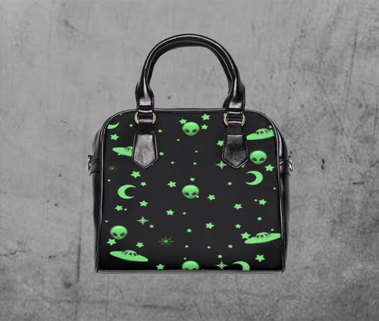 Alien Shoulder Handbag, Outer Space Purse, Scifi Bag, Moon and Stars