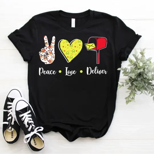 Discover Funny Postal Worker Mail Carrier Peace Love Deliver Post Box T-Shirt Postman Tee