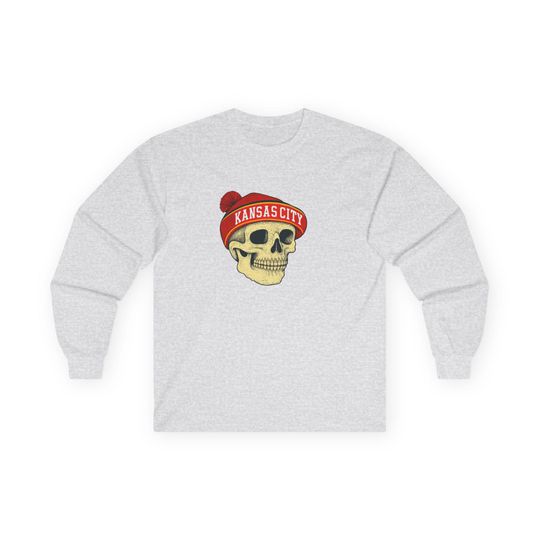 Kansas City Chiefs football Skull Long Sleeve Tee, Casual Unisex Shirt, Streetwear, Fall Fashion, Gift for Him/Her, Football Season